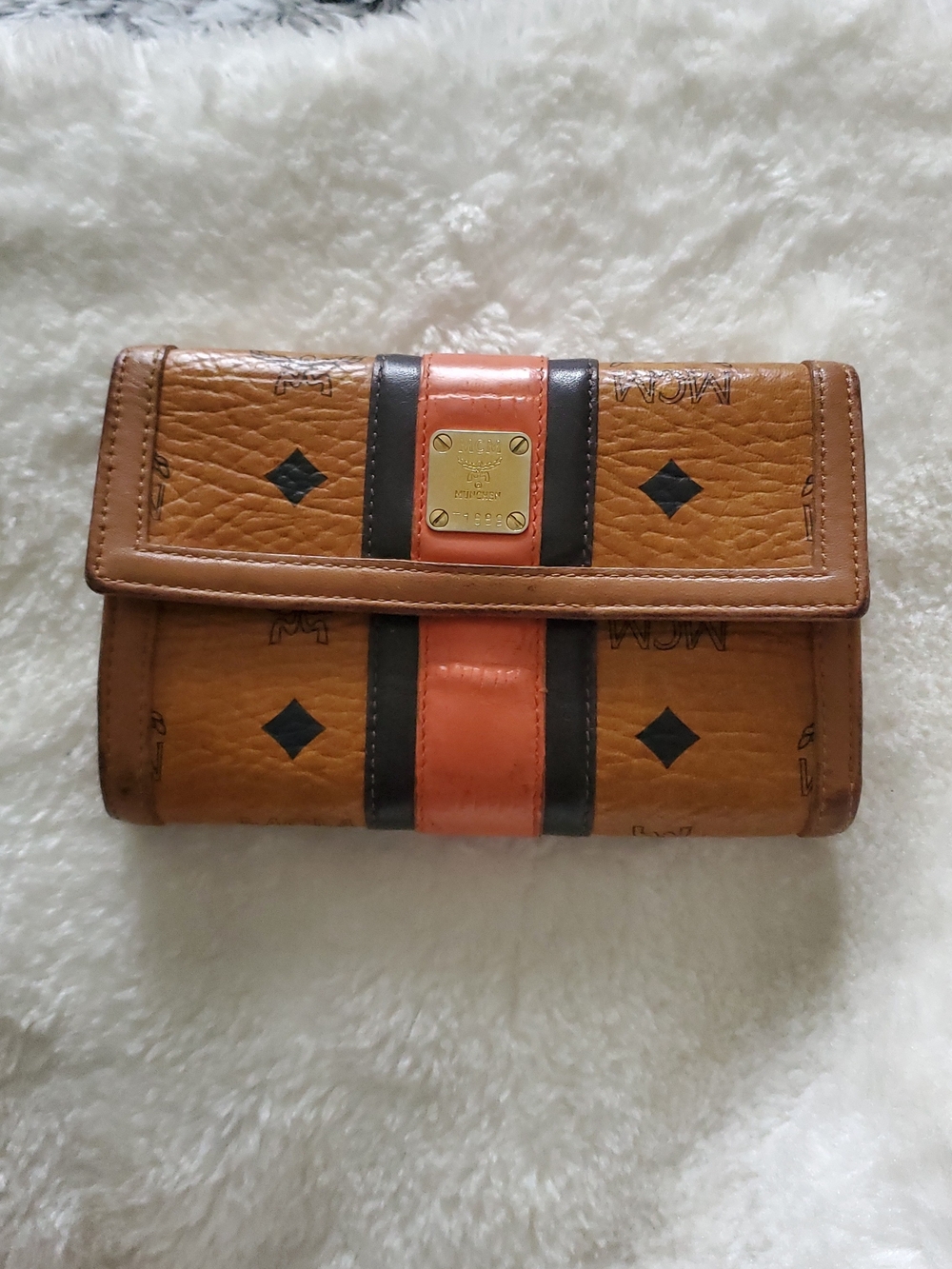 MCM Cognac Visetos Fold Wallet with Orange and Black Center Stripe